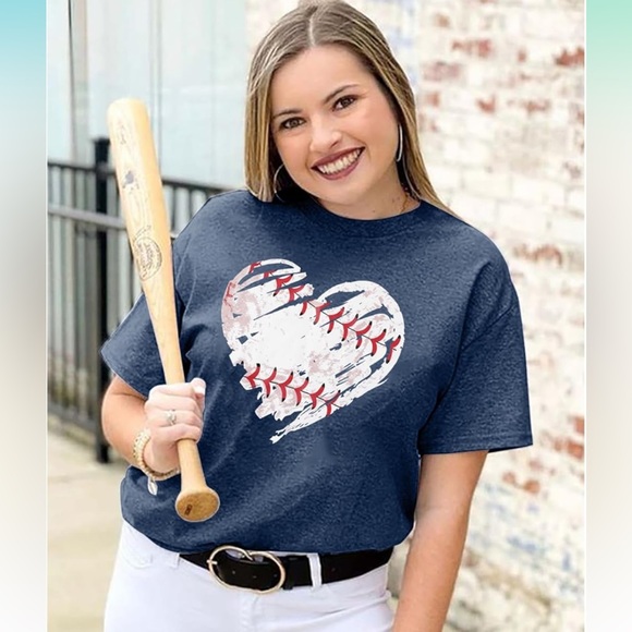 Lotucy Tops - Blue Baseball Heart T-Shirt Women’s Mens Kids Unisex 2XL XXL